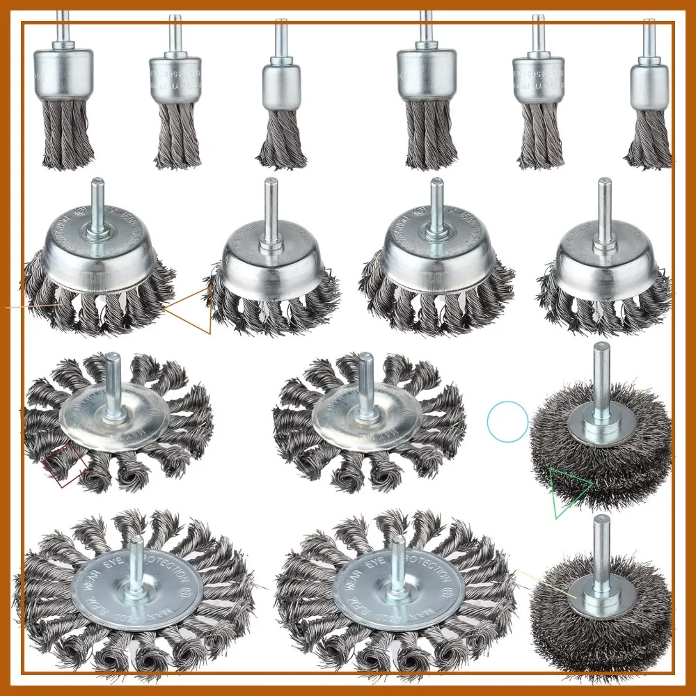 16-delige draadwielborstelset met draaiknoop voor boormachine met 1/4 inch schacht, ideaal voor roestverwijdering en oppervlaktereiniging
