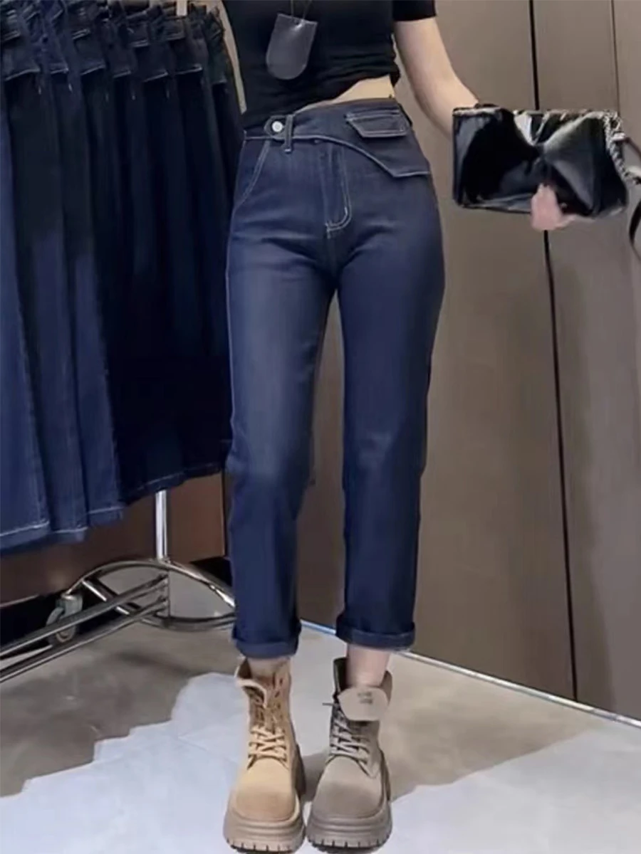 

Джинсы женские с высокой талией, прямые, эластичные, осенние, больших размеров, для невысоких, укороченные, синие, из стрейч-денима