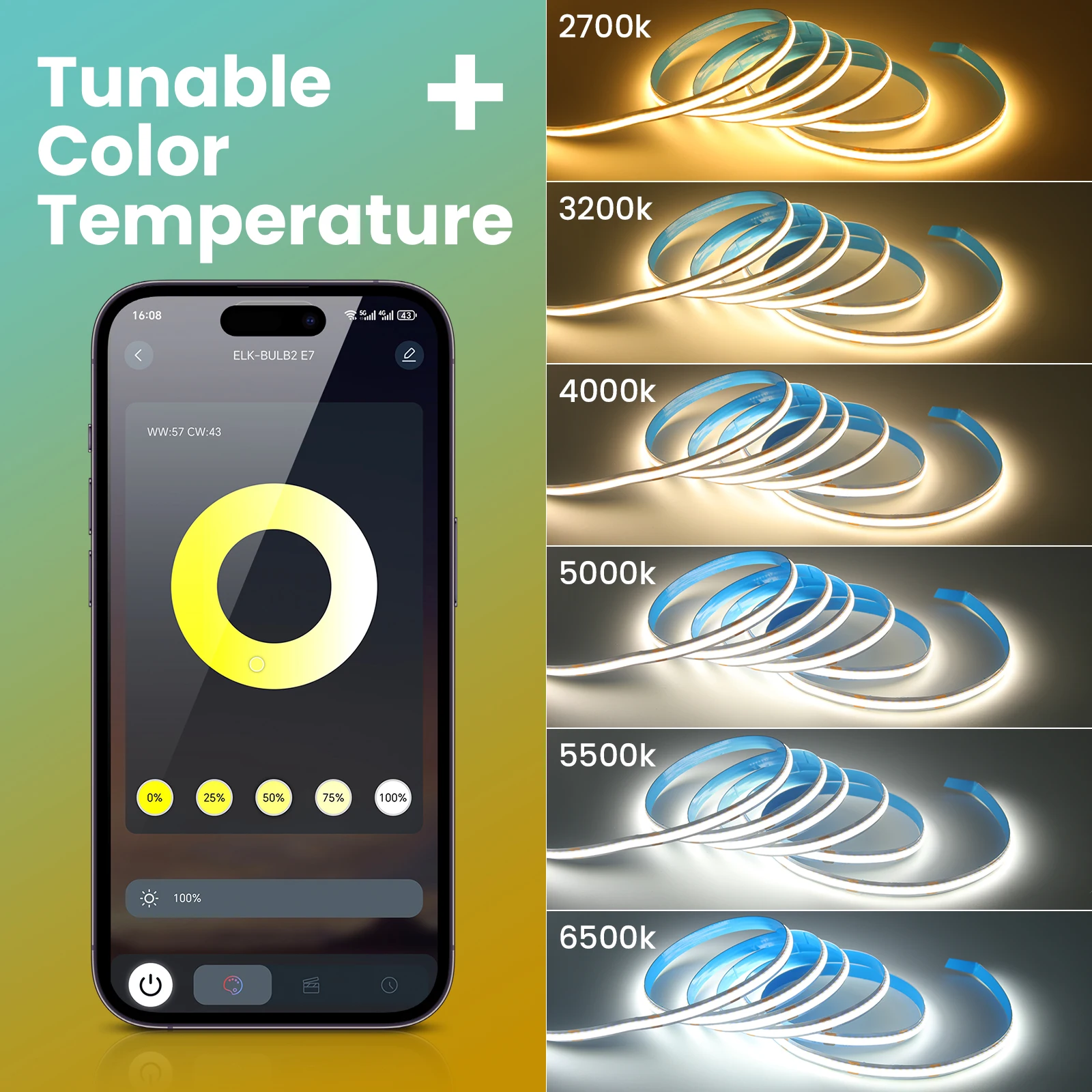 تيار مستمر 24 فولت CCT COB LED مجموعة الشريط مع محول الطاقة 17 مفتاح RF/بلوتوث APP التحكم شريط مرن ضوء 2700K 3000K 4000K 6000K