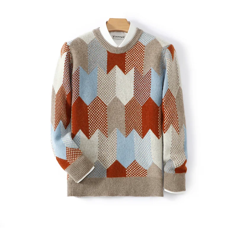 سترة رجالية من الصوف الخالص 100% برقبة دائرية وسهم ريترو كتلة ألوان قاعدة بلوفر كتلة ألوان غير رسمية من الصوف الناعم تريكو