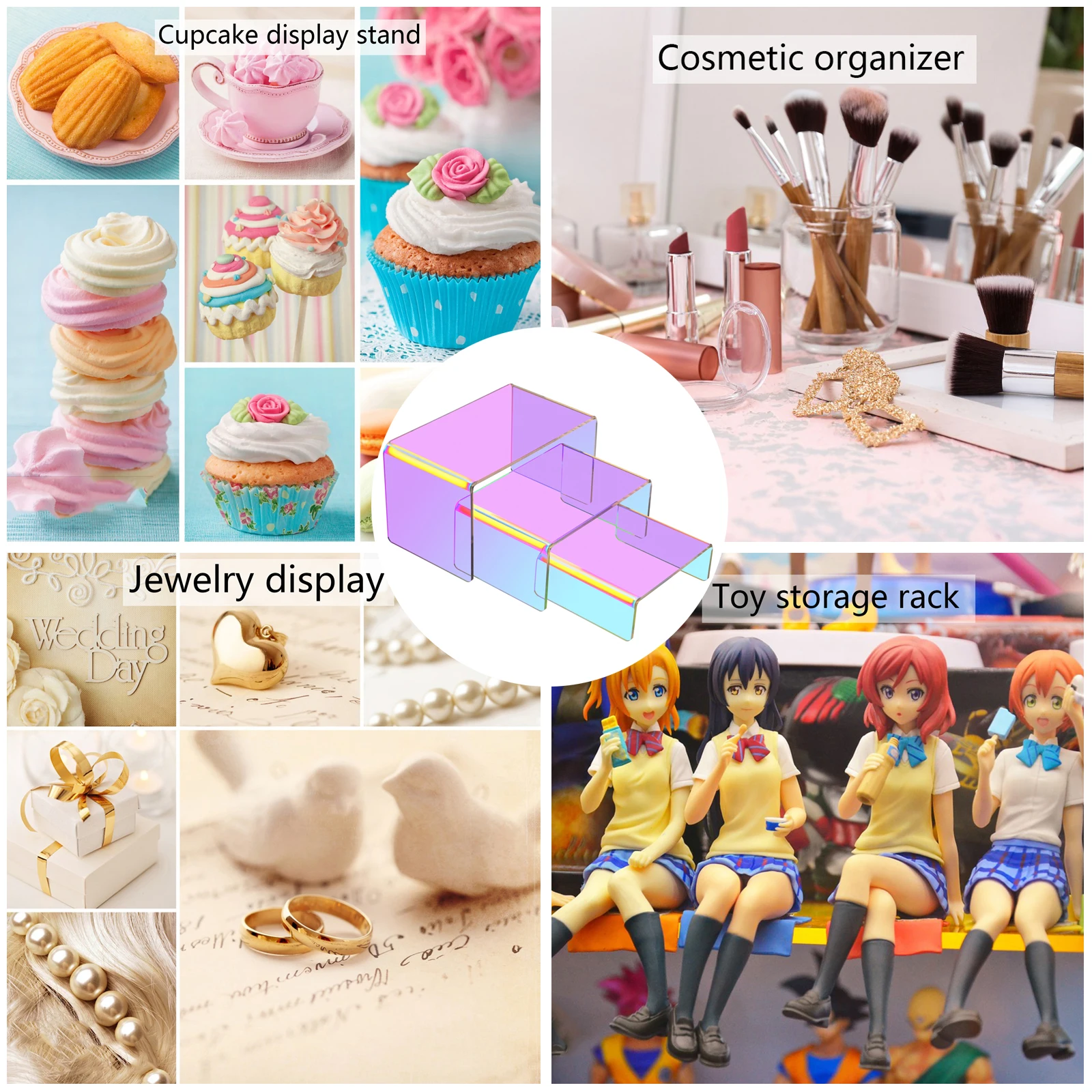 Iridescent Acrylic Risers for Display, 6 Pcs Acrylic Risers Collectibles perfume Character Cupcake, Rainbow Acrylic Risers