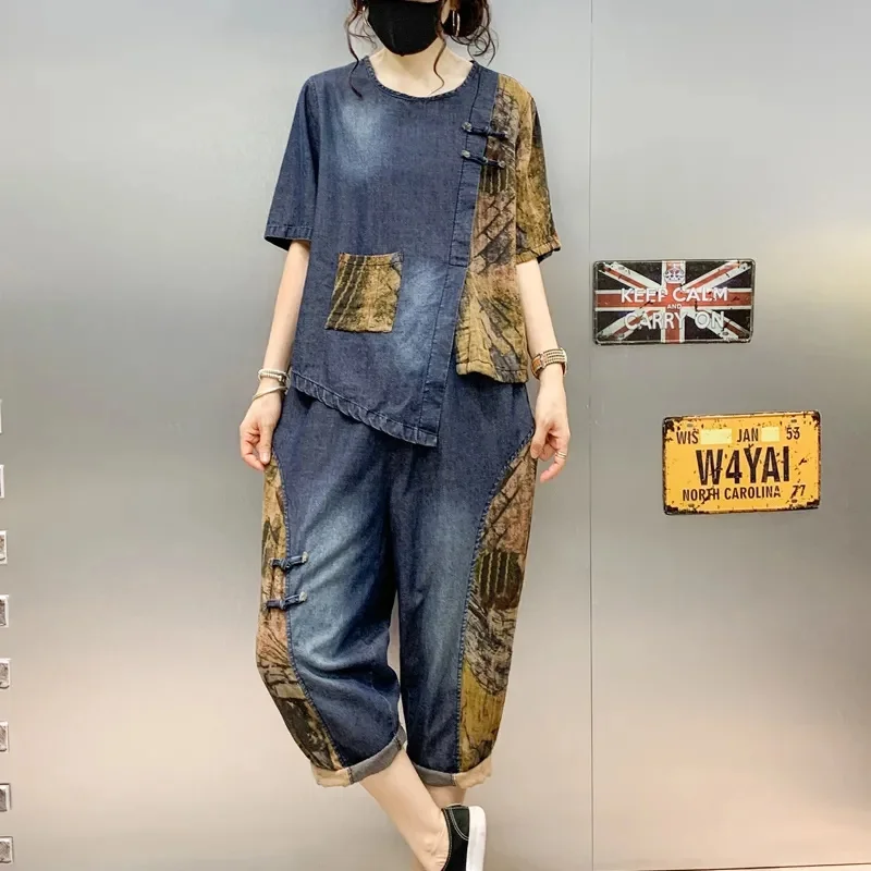 2023 Spring/Summer New Women\'s Denim Shirt Two Piece Casual Short Sleeve Top Harlan Dad Pants Set Female M137