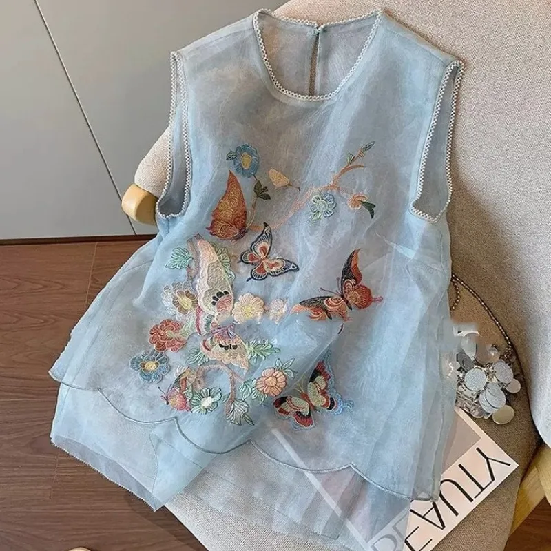 

Blue Butterfly Embroidered Sleeveless Vest Women's Clothing Summer High-end Elegant Temperament Loose Beautiful Tops