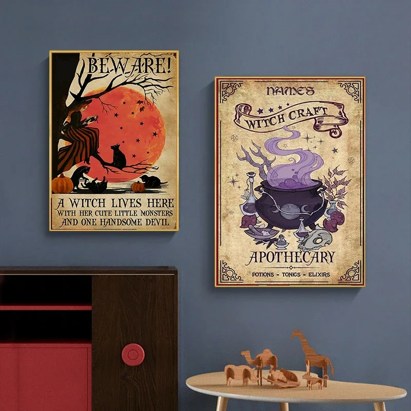 Witchery Vintage Witche Halloween Magic Posters Aesthetic Cat Girl Aesthetic Canvas Painting Posters For Living Room Decoration