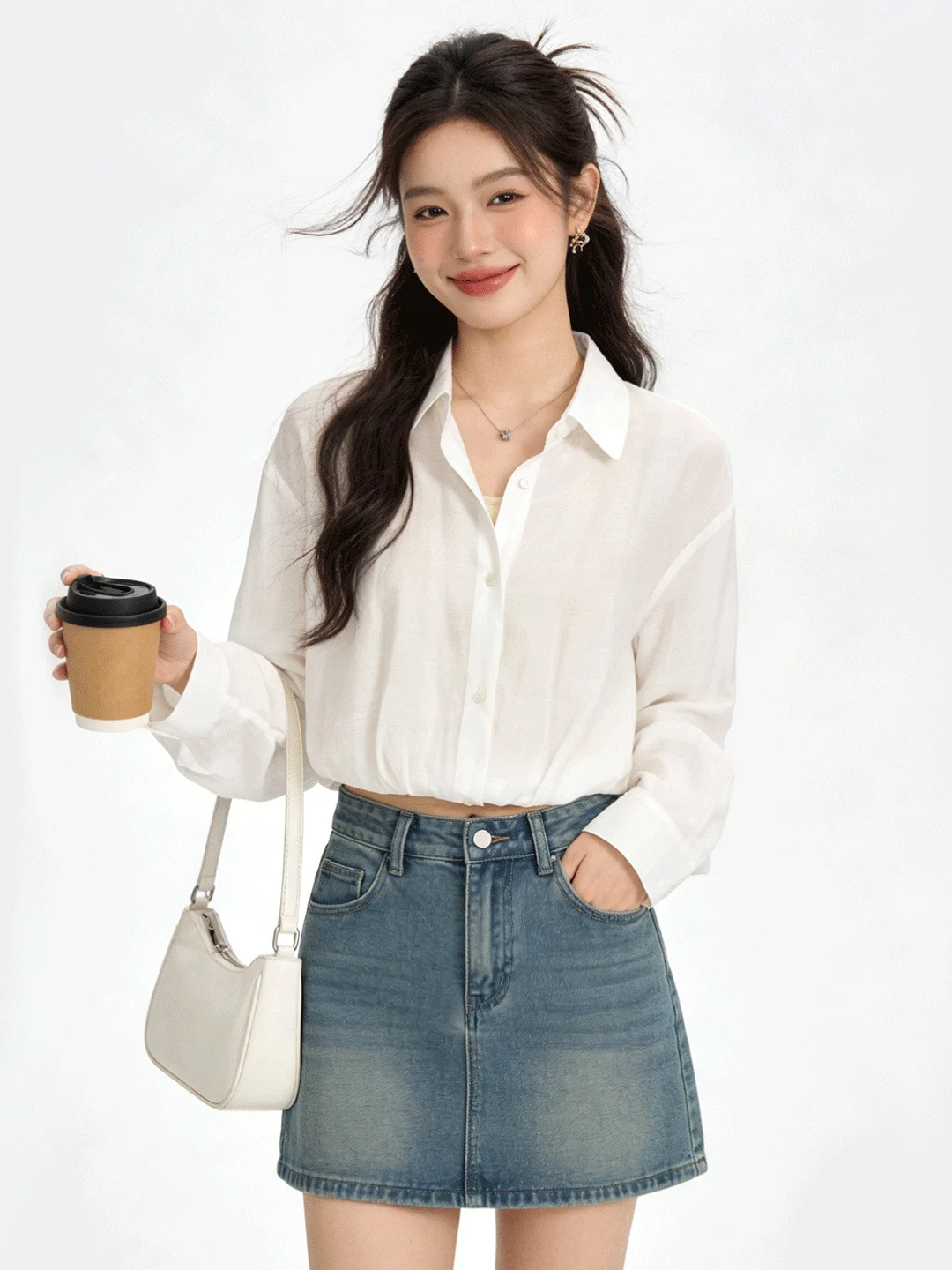 

Корейская модная женская блузка с воротником-стойкой, омолаживающая, белая, весенний дизайн, имитация двухслойности, дышащая, длинная