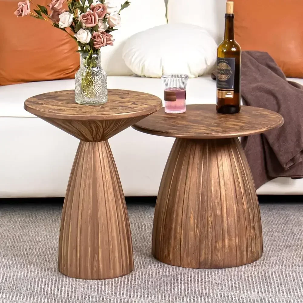 Weather-Resistant Metal Steel Patio Side Table Set, Outdoor Garden Deck Furniture, Wood-Tone Finish, No Assembly Needed
