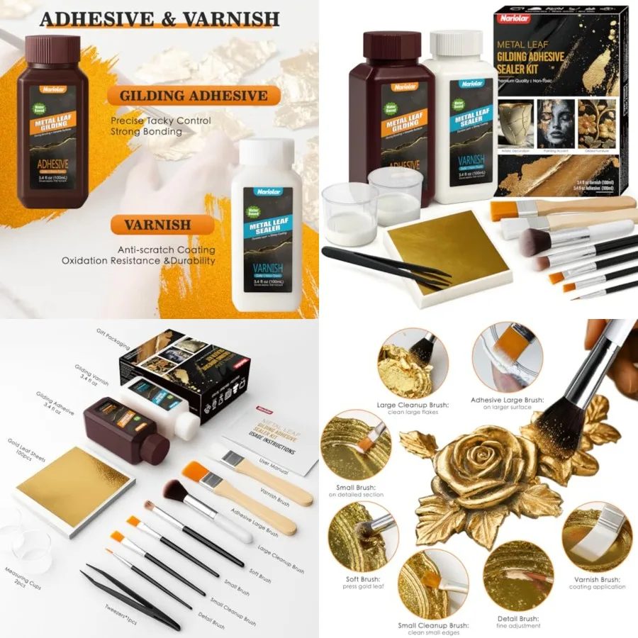 

Универсальный набор для золочения: клей для золочения 100 мл, лак 100 мл, 100 листов золотой фольги, 7 кистей и пинцет