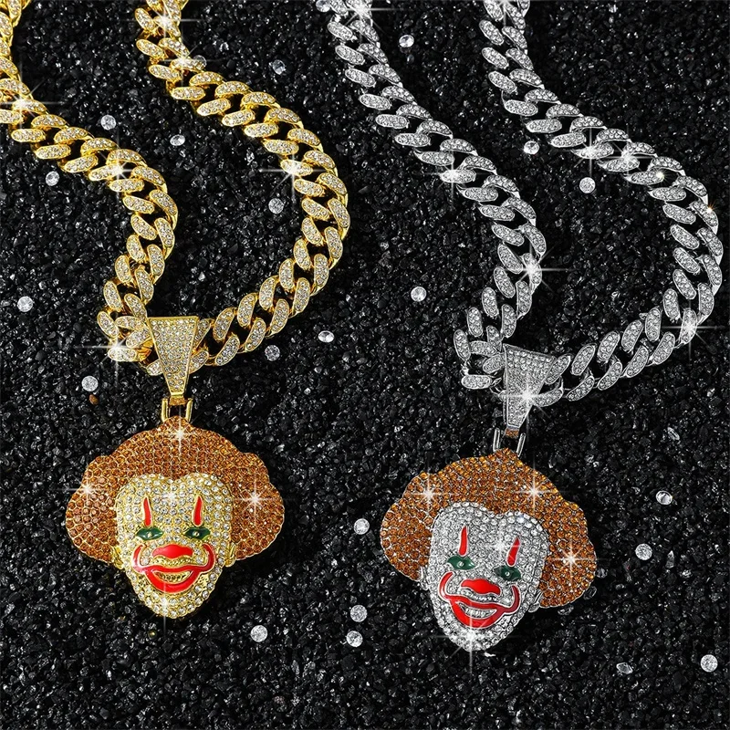 Hip Hop lced Out Bling Clown Necklaces & Pendants with Full Crystal Cuban Chain Chunky Necklace Joker Jewelry dropshipping