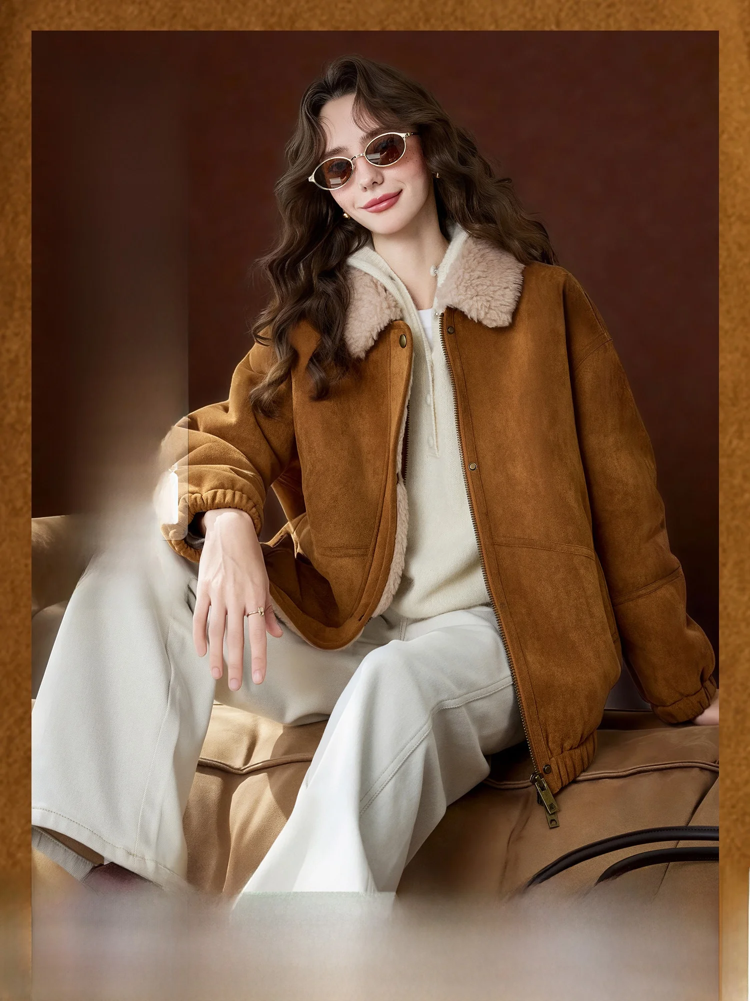 

Faux Fur Suede Jaet Women's Warm Woolen Fluffy Matte Sle Coat Straight Cut Long Sve Zipper Closure ort Length