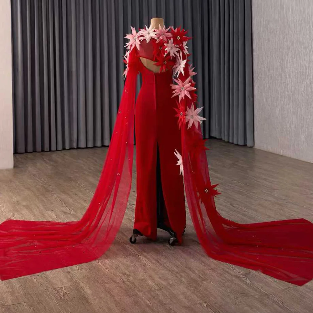 Robe de soirée rouge à col rond et fermeture éclair, avec détails de fleurs en cristal 3D, gaine personnalisable, robe de soirée élégante pour femmes