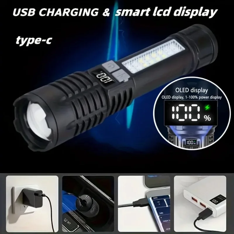 High Power USB Rechargeable Flashlight Ultra Bright Digital Torch Light Camping Outdoor Flash Light Emergency Flashlights