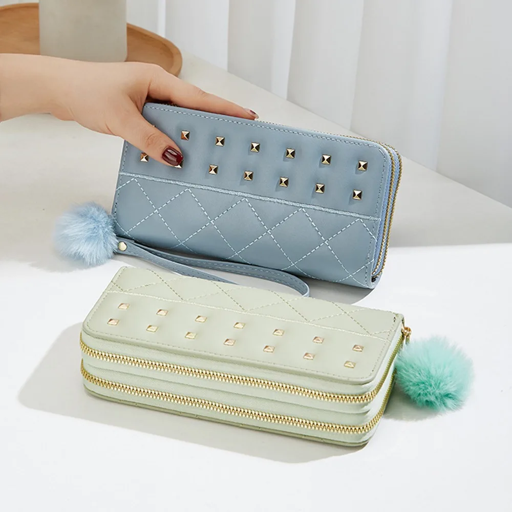 

Simple Rivets Women Long Purse Double Zipper Soft Plush Ball Woman Clutch Wallet Soft Storage Square Card Bag Female