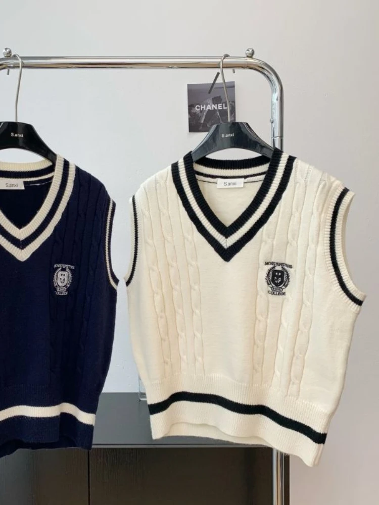 HOUZHOU-suéter de estilo Preppy para mujer, chaleco con cuello en V, Jersey de punto de gran tamaño, sin mangas, moda coreana, informal, Otoño e