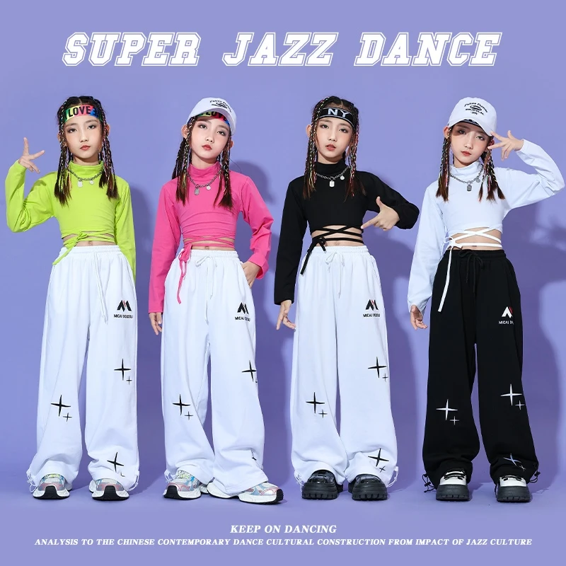 New Jazz Dance Clothes Girls Kids Hip Hop Practice Wear Navel Tops White Sweatpants Long Sleeves Kpop Performance Costume L13559