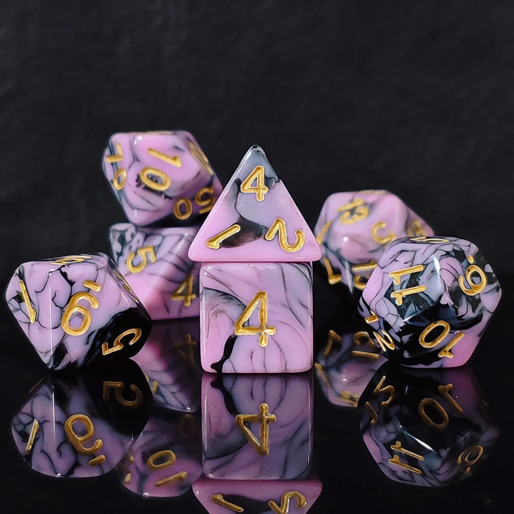7Pcs Pink Black Marble Swirl Polyhedral Dice Set, Gold Ink DND RPG Dice for Dungeons & Dragons, Tabletop Games