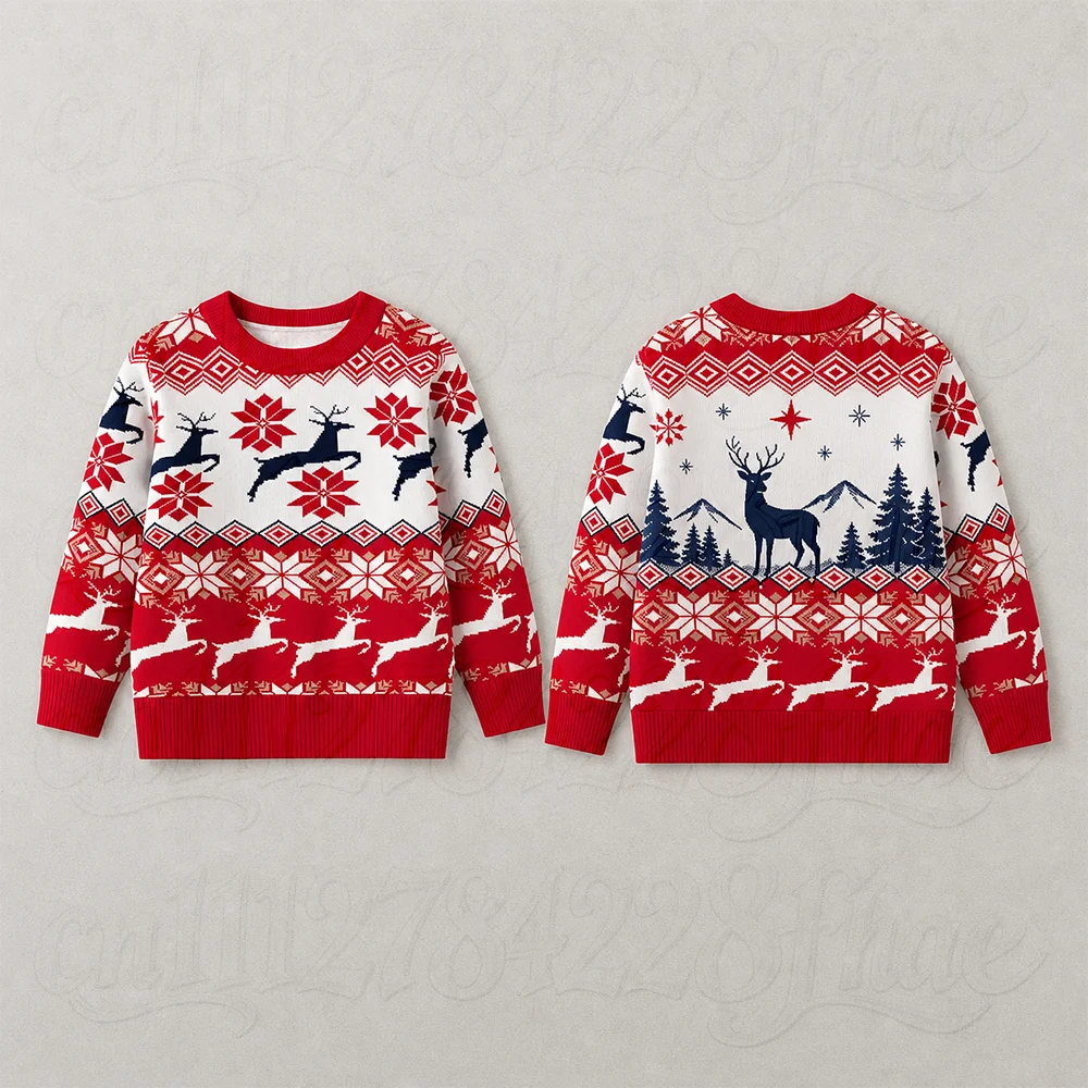 Christmas Reindeer Snowflake Print Crewneck Sweatshirt Vintage Fair Isle Pullover Parent-Child Winter Xmas Party Matching Tops