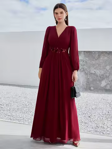 Mgiacy V-neck long sleeve beaded print extra long chiffon Dress Evening gown Ball dress Party dress Bridesmaid dress