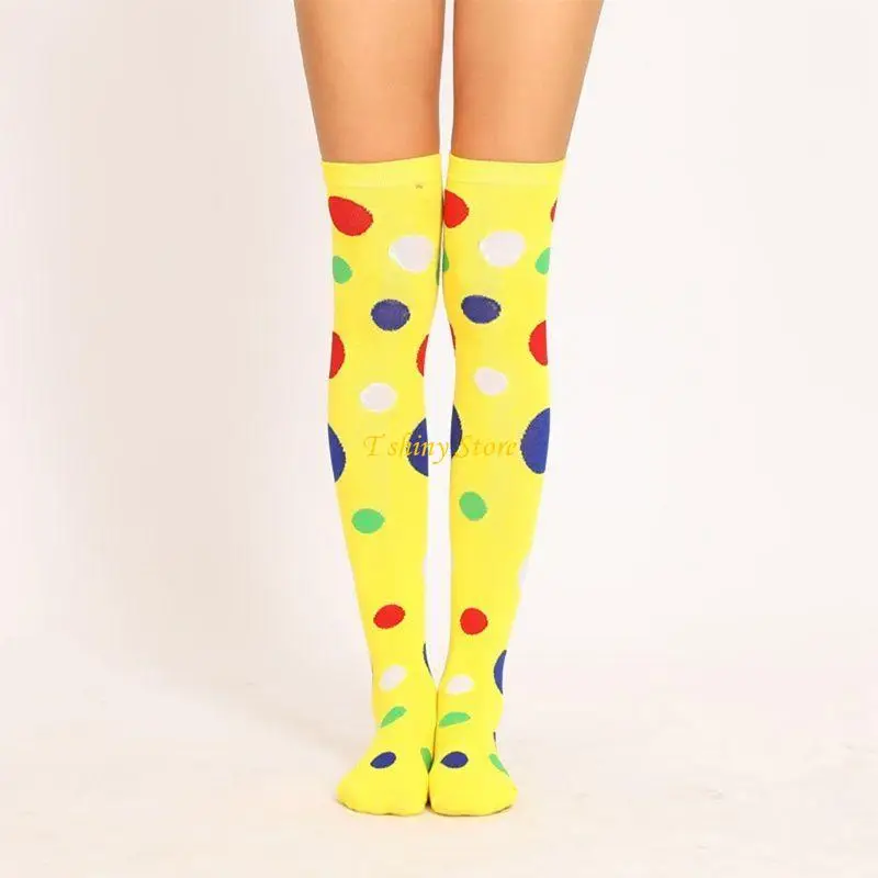 N58F Women Girls Clown Cosplay Long Socks Fun Colorful Irregular Polka Dot Printed Ov