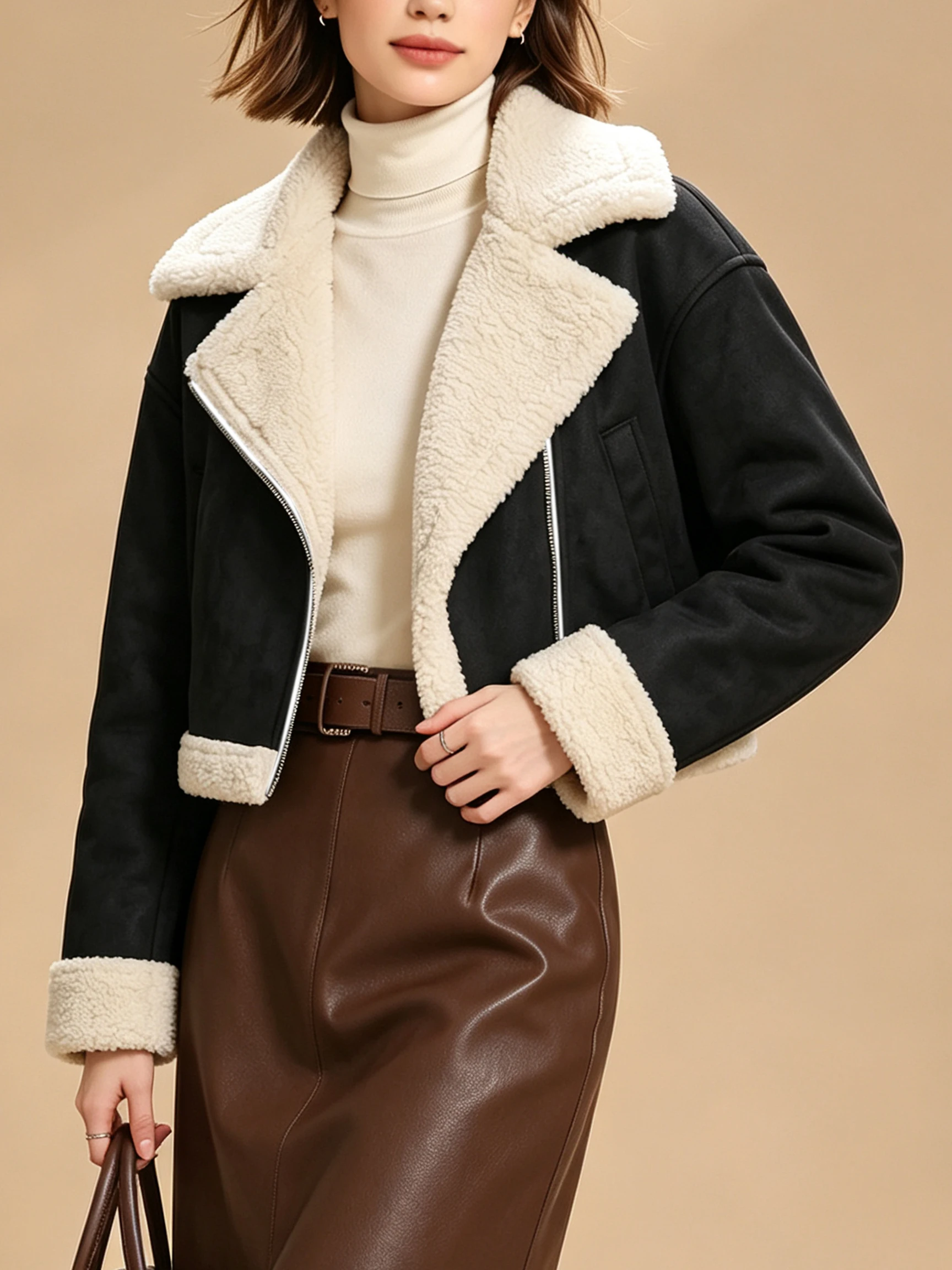 Damen Einfarbiger Mantel mit Kragen und Asymmetrischem Design, Reißverschluss, Kurze Länge, Herbst-Winter-Musikfestival-Jacke Neu 2026 – Detail 5