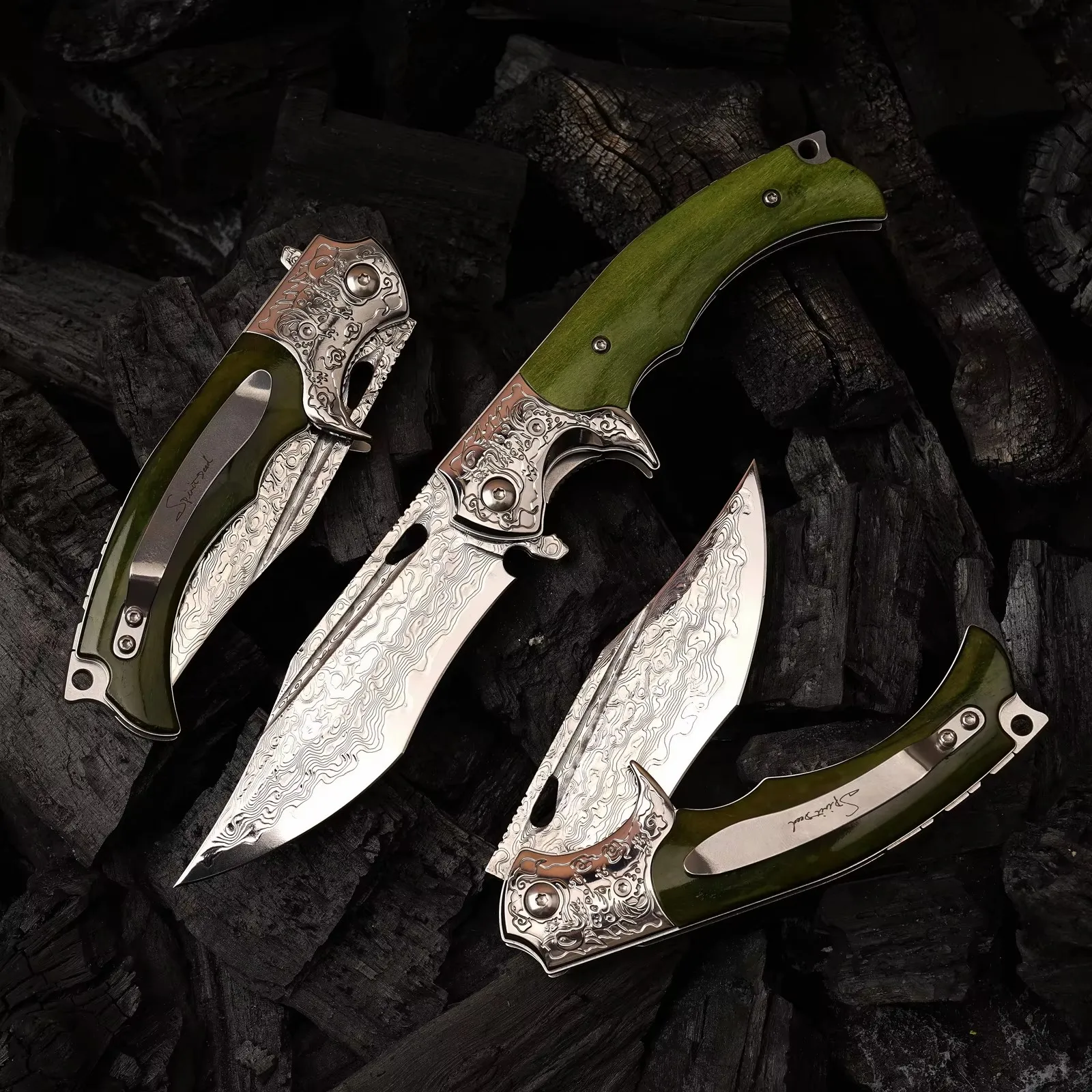 Cool Bone Handle เหล็กดามัสกัส VG10 Blade Survival เครื่องมือ EDC Self Defense Hand Tool มีดพับแบบพกพา