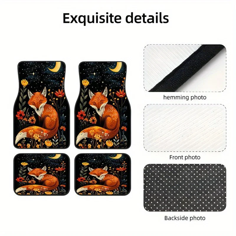 4pcs Car Floor Mats - Fox & Floral Automotive Mats With Orange/Black/ Yellow/Red Colors, Non-Slip SUV Interior Decor For Front/R