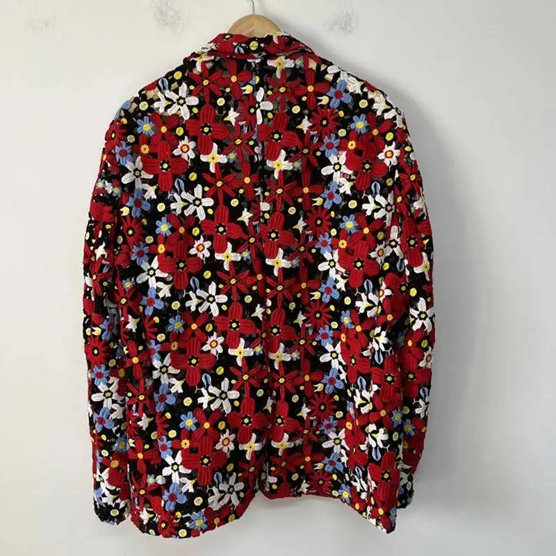 Floral Embroidery Hollow-out Design Niche Men's Blazer Personality Contrasting Color Long Sleeve Fashion Coats CS78