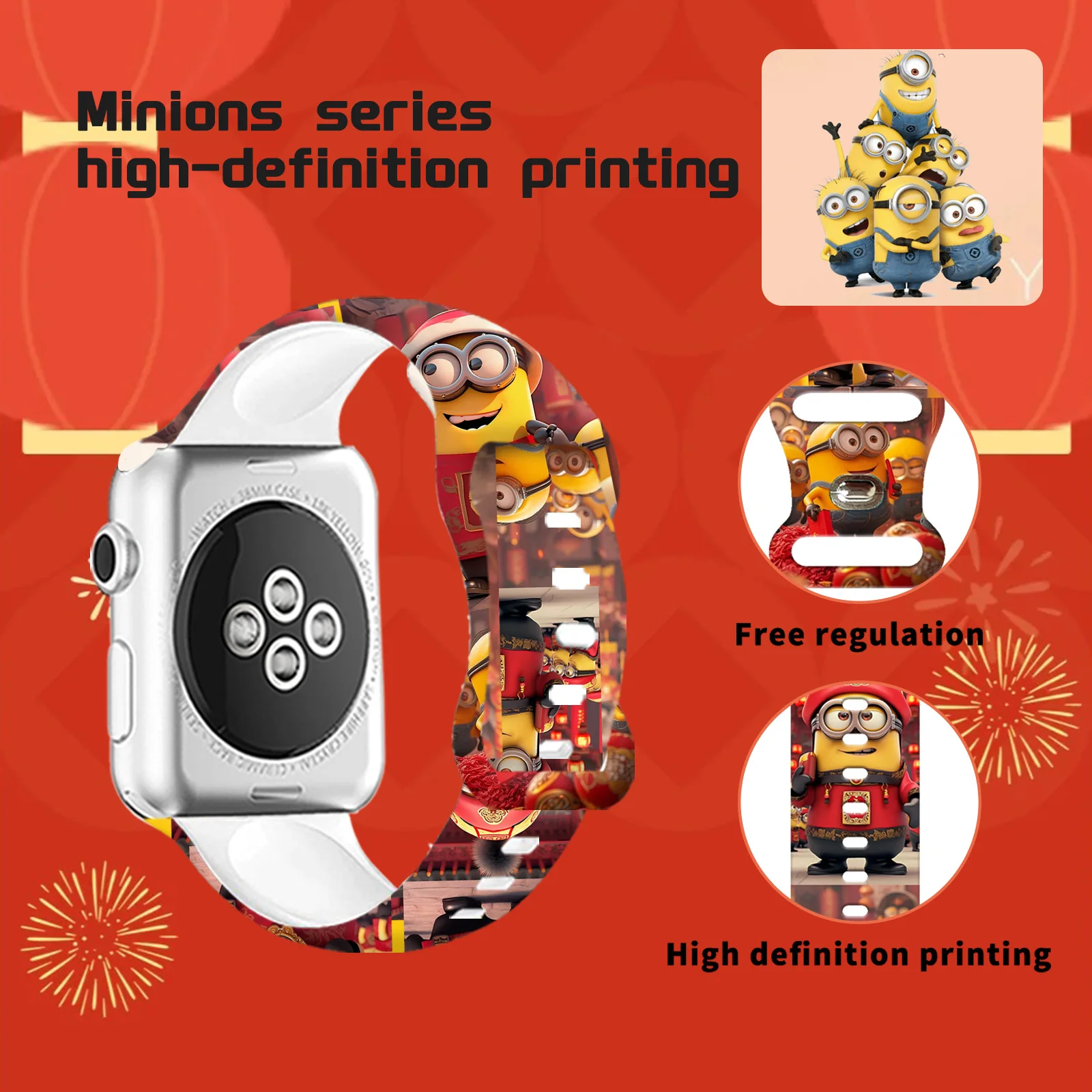 Ремешок MINISO Minions Series 2 с принтом для Apple Watch 11, 10, 9, 8, 7, силиконовый ремешок, сменный браслет для iWatch 46 мм, 44 мм, 42 мм