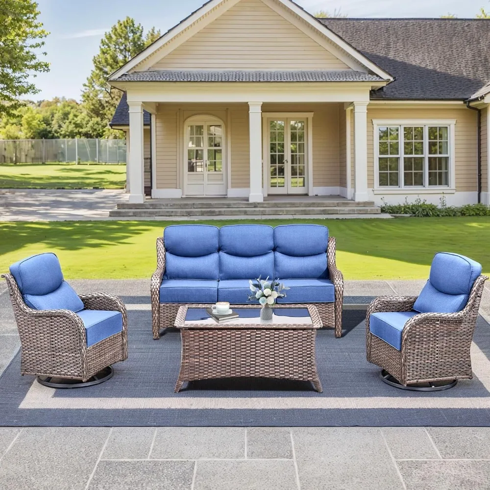 

Luxury High-back Outdoor Furniture with 6-inch Thick Cushions, Includes A Swivel Chair, and A 4-piece Rattan Lounge Set