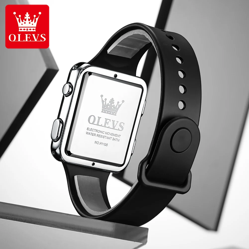 Olevs 1105 relógio masculino novo quadrado pulseira de silicone grande mostrador claro relógio elegante led calendário luminoso relógio eletrônico masculino