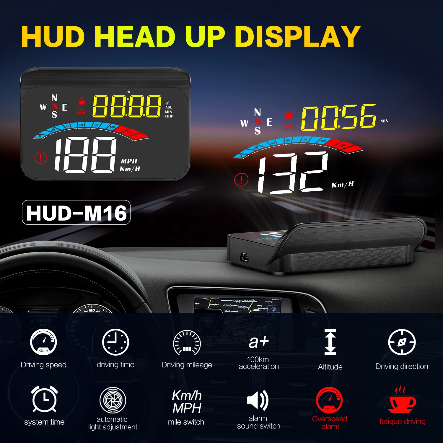 

M16 GPS HUD проекционный дисплей спидометр лобовое стекло для всех автомобилей проектор сигнализация превышения скорости низкое напряжение усталость напоминание о вождении