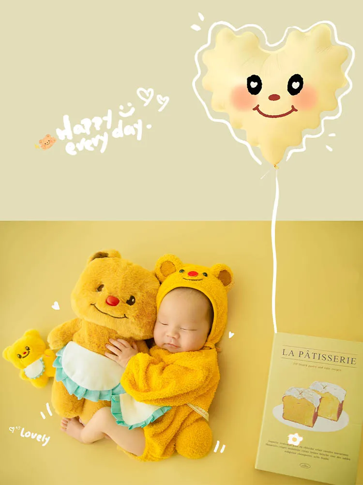 Yellow Bear Newborn Photography Props Kit Butter Bear Style Baby Costume Plush Dolls Accessories for Baby Studio Shooting Theme
