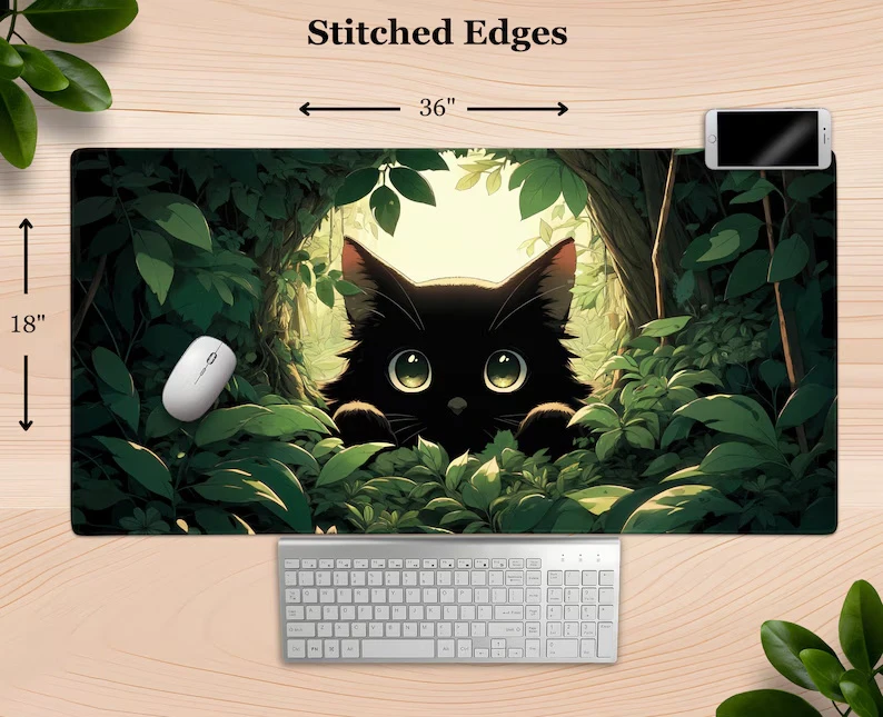 Cute Black Cat Mousepad Kawaii Desk Mat Cat Peeking Through Leaves Animal Lover Decor Large Anime Mouse Pad For PC Gaming Office