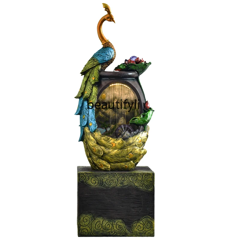 

yj Peacock Chinese Style Water Fountain Lucky Fengshui Wheel Landscape Humidifier Balcony Entrance Decoration Floor