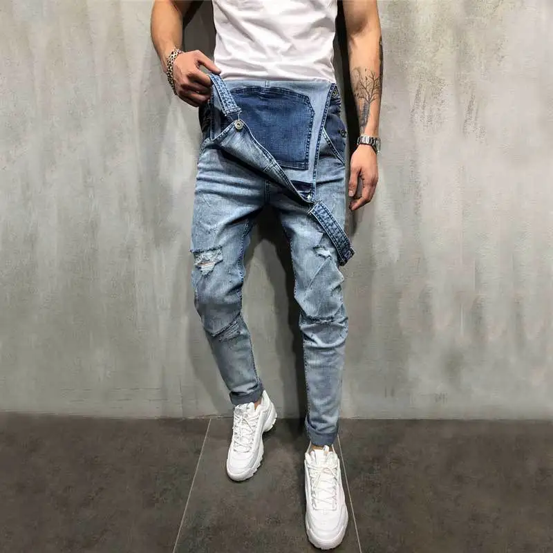 2025 Men's New Denim Bib Overalls Ripped Casual Denim Suspenders