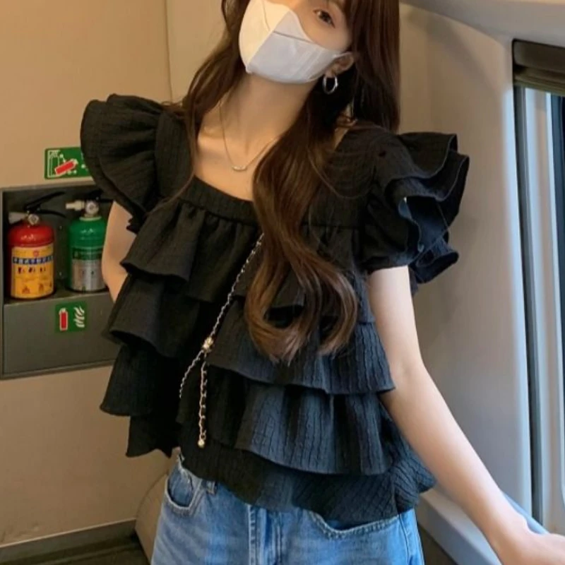 Black Ruffles Blouses Women Kawaii Vintage Flying Sleeve Korean Style Personality Girlish Harajuku Streetwear Daily Summer Tops