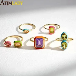 Pastel Enamel Geometric Bezel Band Rectangle 5A Cubic Zirconia CZ Sparking Engagement Band Ring for Women Fashion