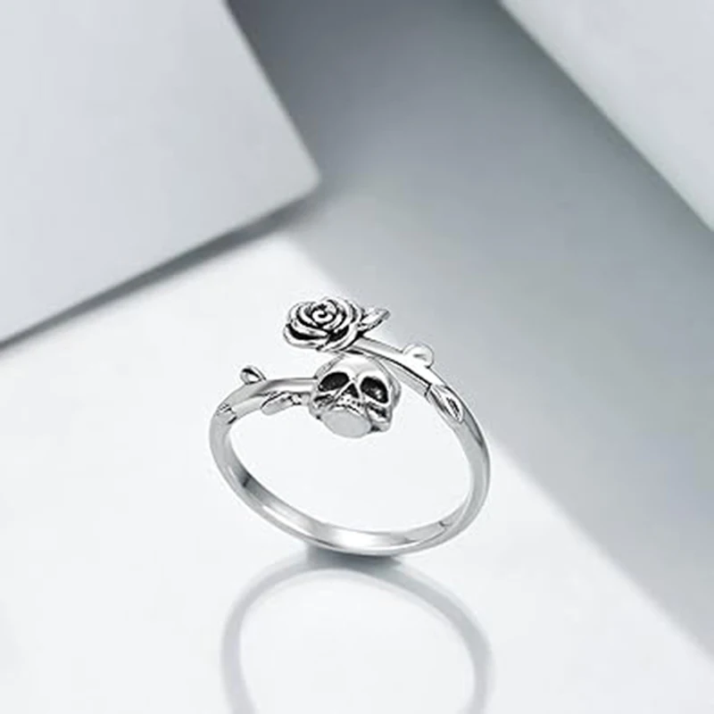 Personalized Fashion Design Silver Color Skull Rose Ring for Women New Gothic Retro Halloween Easter Trend Jewelry Gift image 3