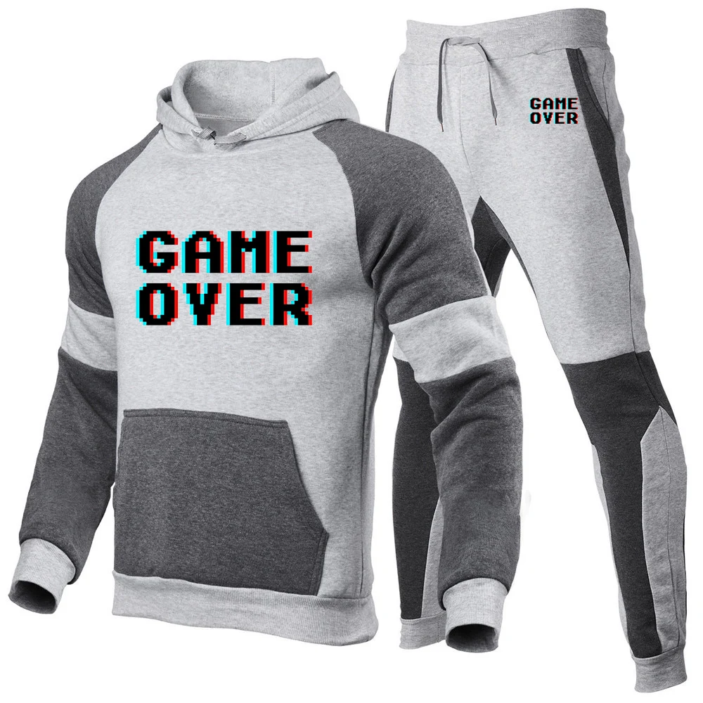 2025 Spring Autumn New Men Game Over 80s Oversized Print Patchwork Cotton Hoodies Pullover+Casual Sweatpants Sports Suit
