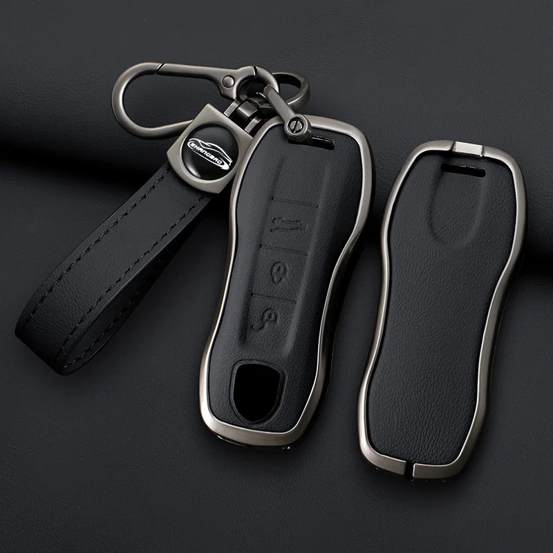 Zinc Alloy+Leather Car Key Case Cover for Porsche New Cayenne Panamera 911 992 Taycan Car Protective Keychain Accessories