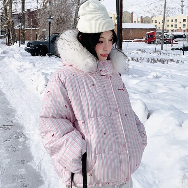 Parkas Women Short Coats Fur Collar Hooded Zipper Jackets Striped Print Bow Thick Y2k Streetwear Jacket Work Autumn Winter