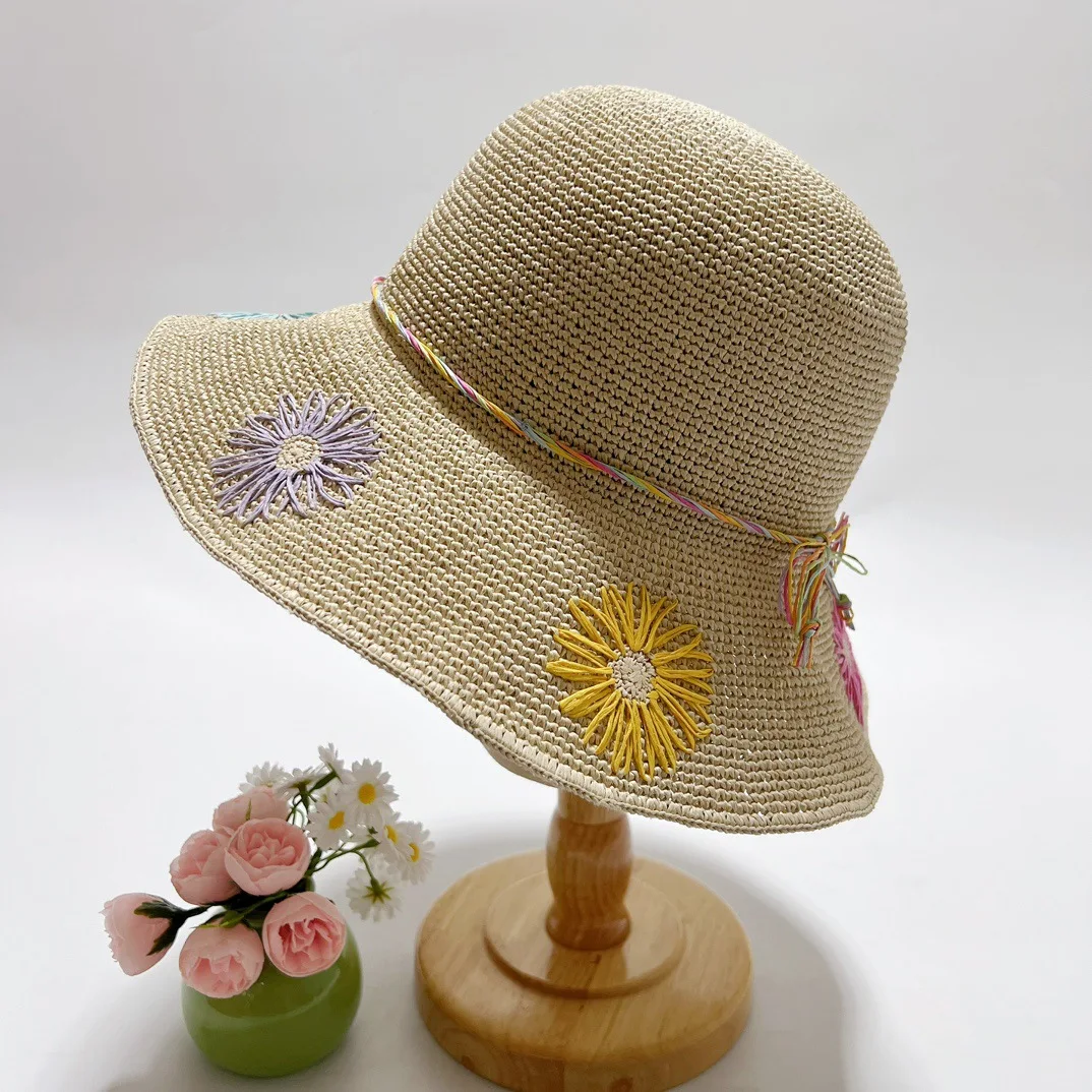 Fashion Raffia Straw Hat Female Summer Embroidery Flowers Literary Travel Holiday Seaside Beach Hat Sun Protection Big Edge Cap
