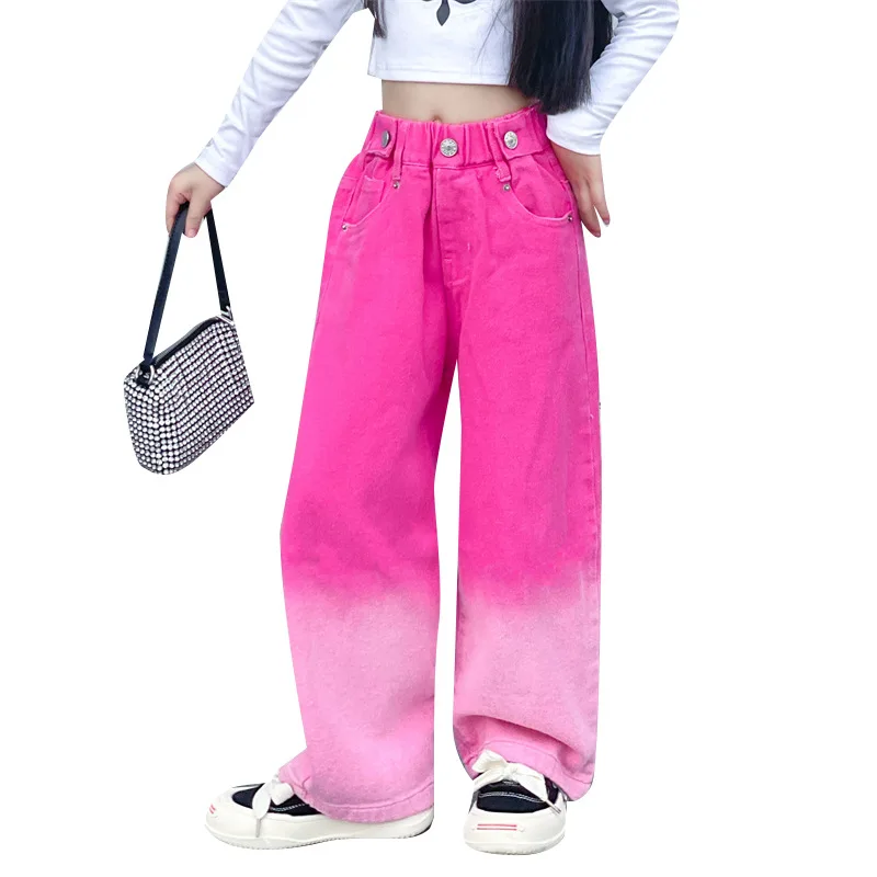 Spring Autumn Jeans for Girls Candy Color Fashion Gradient Wide Leg Pants Children's Clothes Teenager Cotton Streetwear Trousers