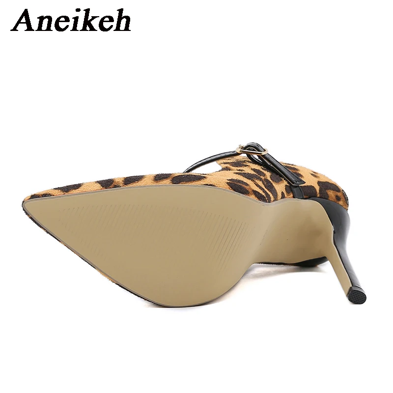 Aneikeh 2024 Spring Leopard Print New Stiletto Shoes Mules Pumps Heels Sexy Ladies Fashion High Heeled Nightclub Shoes 35-42