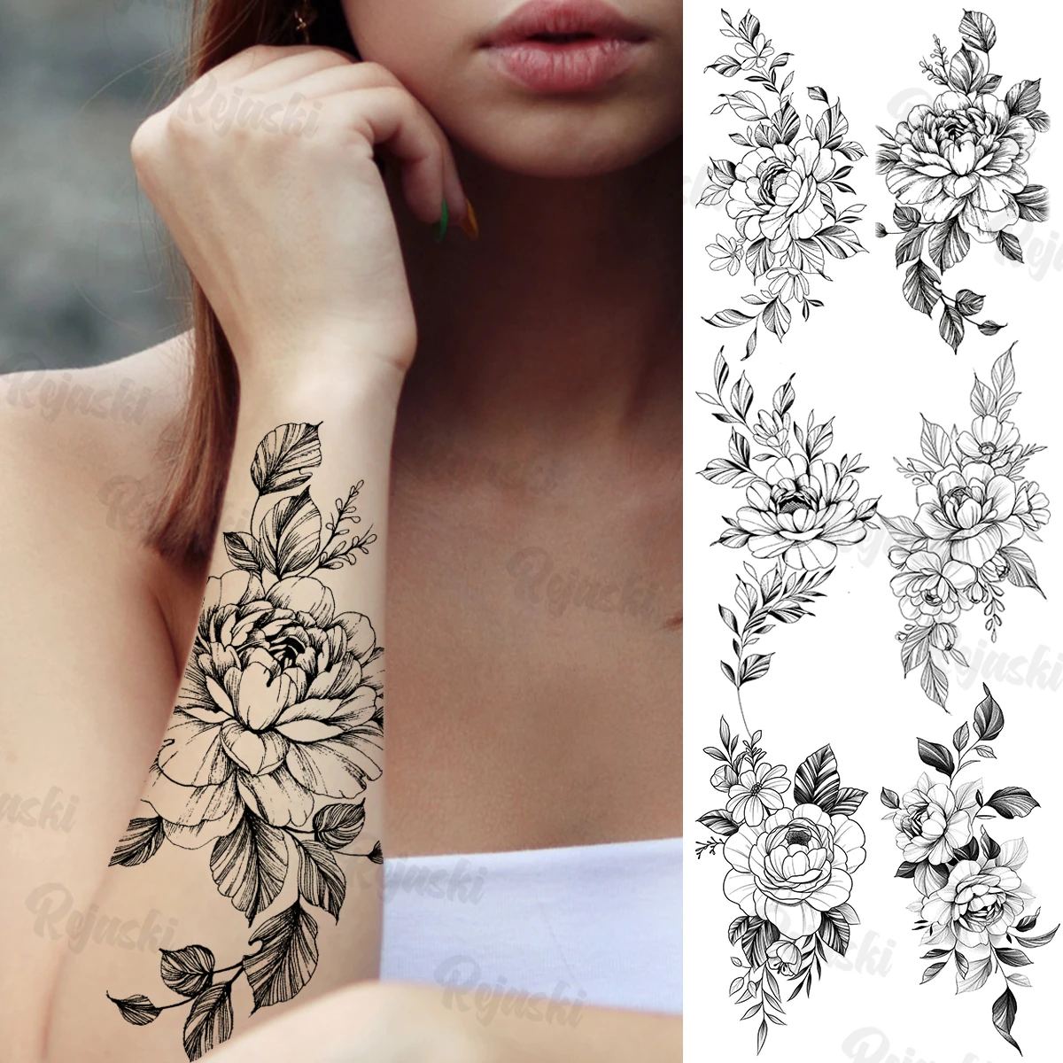 Large Lotus Temporary Tattoos For Women Girls Realistic Rose Flower Flora Fake Tattoo Sticker Sexy Arm Body Tatoos Waterproof