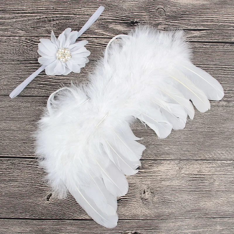 2pcs/set Lovely Newborn Angel Feather Wings with Baby Girl Chiffon Flower Headband Hair Accessories for Kids Photography Props