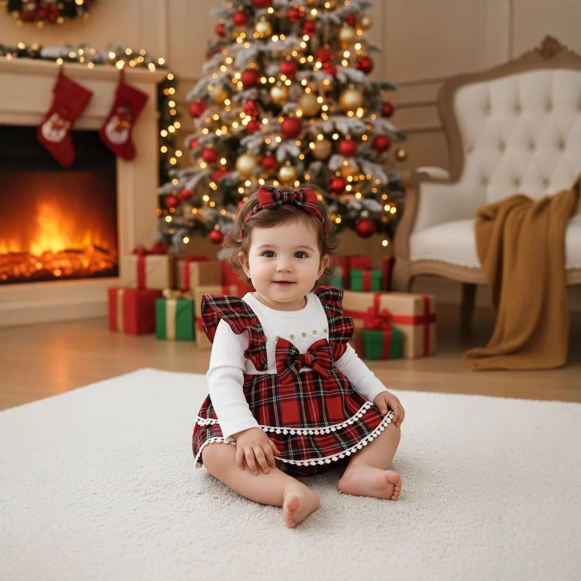 فستان بناتي بأكمام طويلة للخريف والشتاء للأطفال على طراز عيد الميلاد مربع مكون من قطعتين بذلة أطفال على الكتف