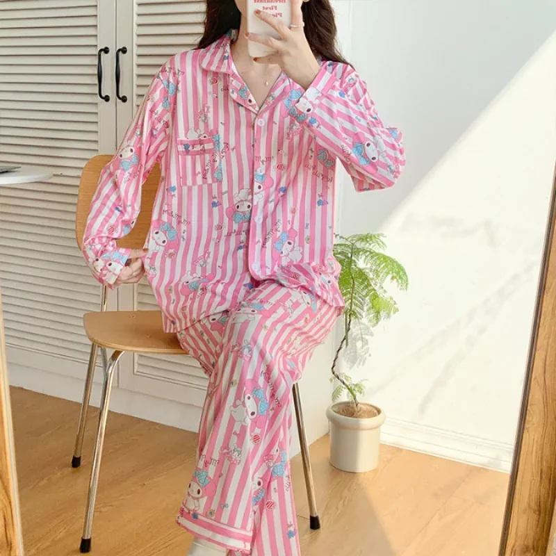 Sanrio Hello Kitty autumn pure cotton new long-sleeved trousers cartoon women\'s pajamas silk pajamas women\'s loungewear set.