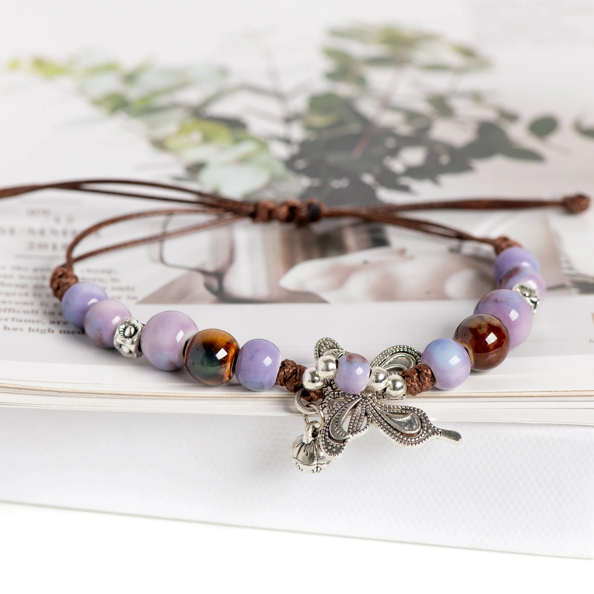Vintage Multicolor Butterfly Ceramic Bead Bracelet Adjustable Handmade 15-25cm
