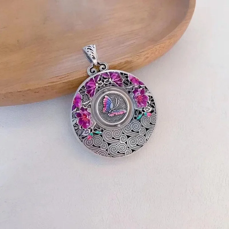 925 Silver Archaic Rhyme Pink Purple Flower Butterfly Pendant Enamel Round Necklace for Women Chinese Style Accessories Jewelry