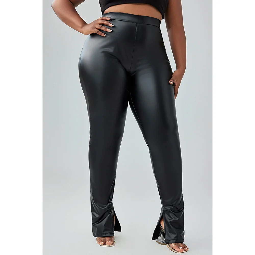 Plus Size Daily Casual Pant Black High Waist Pu-Leather Pants